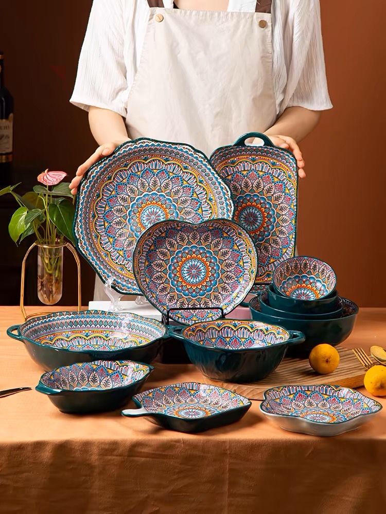 Bohemian Ceramic Serving Bowl & Plate Collection